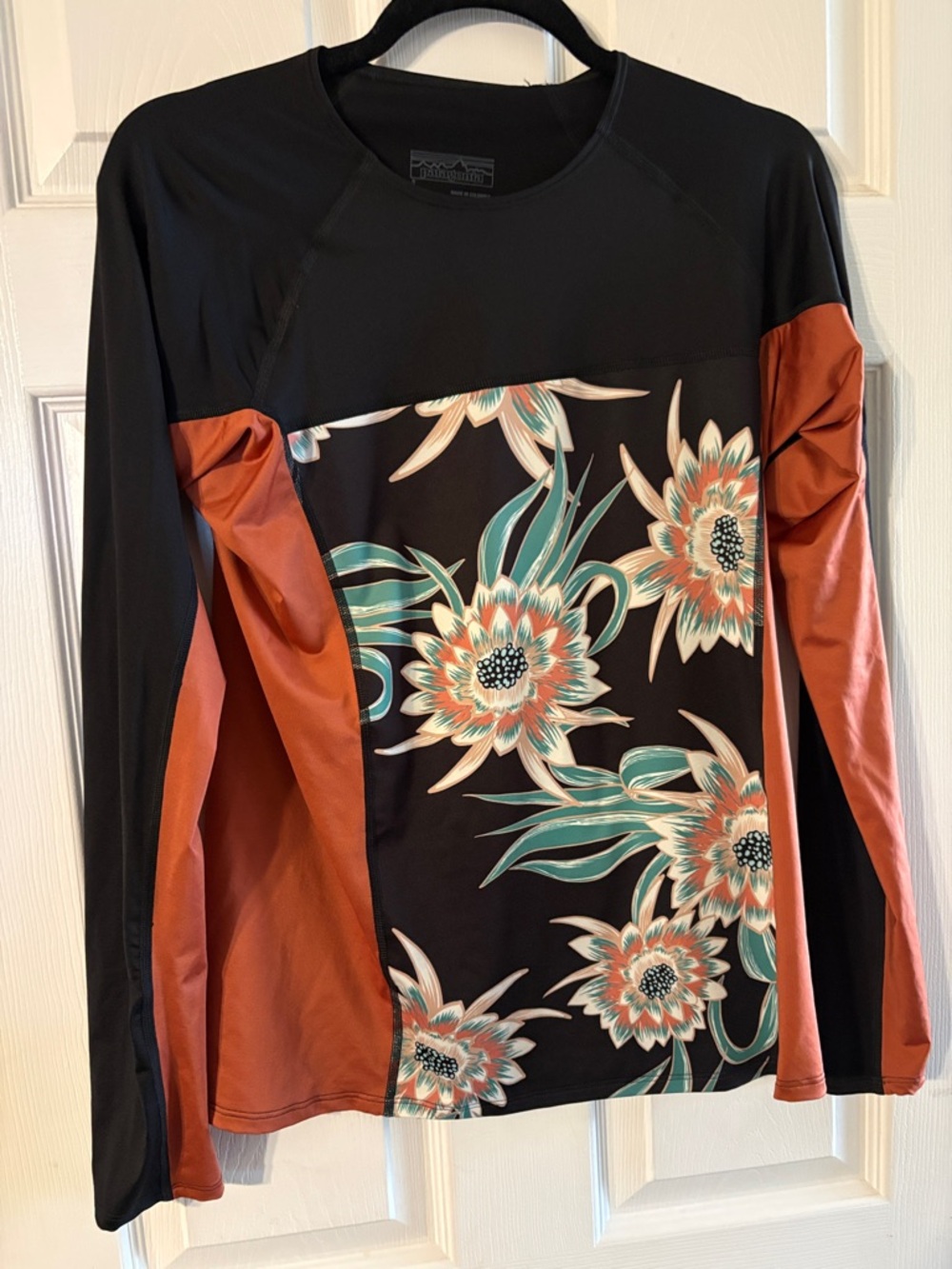 Patagonia Black Long-Sleeve Top with Rust and Teal Floral Panel